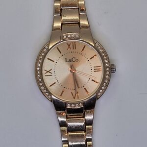 L&Co. Rose Gold Tone Watch w/Roman Numerals And Crystal Accent Bezel
